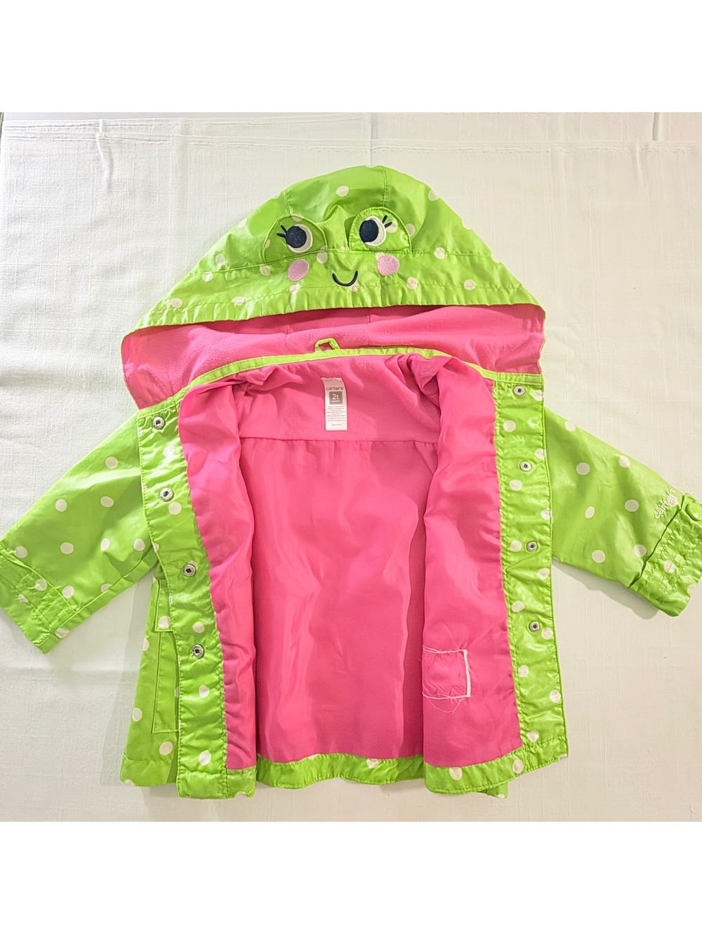 Carter's Toddler 2T Green Polka Dot Frog Hooded Rain Jacket with Pink Lining